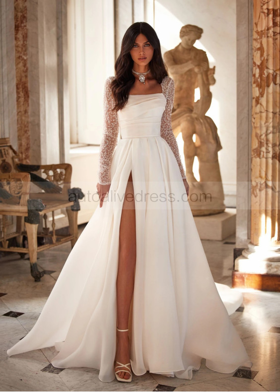 Long Sleeves Ivory Glitter Lace Organza Slit Wedding Dress